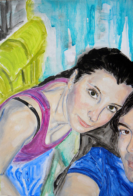 Alicia en el País de las Maravillas. Portrait of Alicia and Gon. Oil on wooden board. 45x30 cm. 2010.